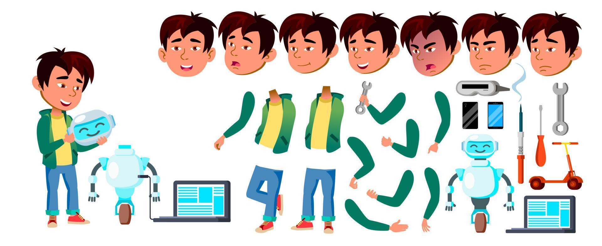 Asian Boy Schoolboy Kid Vector. Primary School Child. Build Robot Helper. Animation Creation Set. Schoolchild. Future Techology Concept. Face Emotions, Gestures. Animated. Cartoon Illustration vector