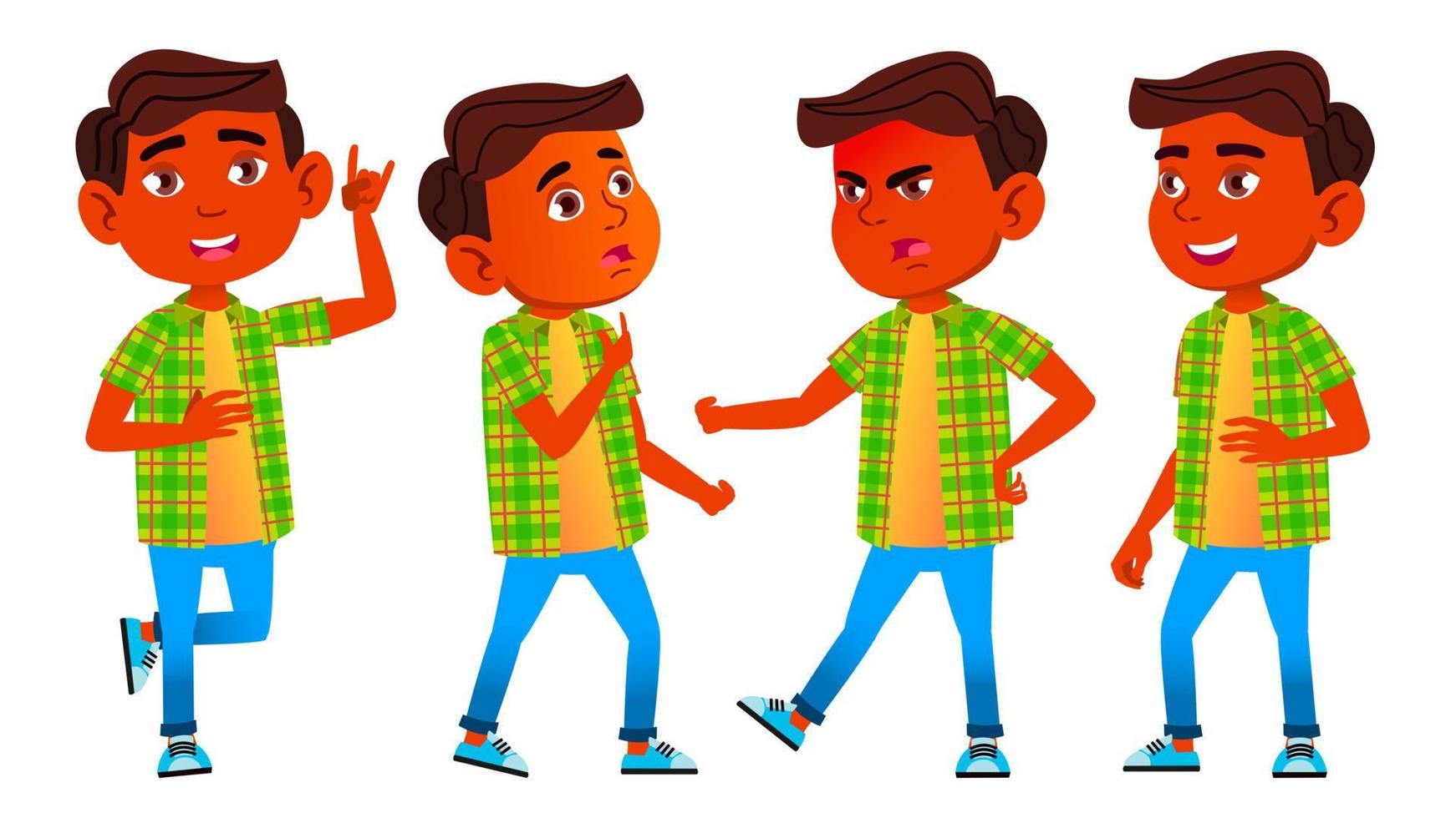 Boy Schoolboy Kid Poses Set Vector. Indian, Hindu. Asian. Primary School Child. Cheerful Pupil. Teenager, Classroom. For Postcard, Announcement, Cover Design. Isolated Cartoon Illustration vector