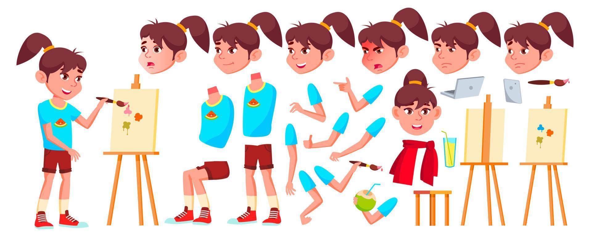 Girl Schoolgirl Kid Vector. High School Child. Animation Creation Set. Face Emotions, Gestures. Child Pupil. Subject, Clever, Studying. For Banner, Flyer, Web Design. Animated. Cartoon Illustration vector