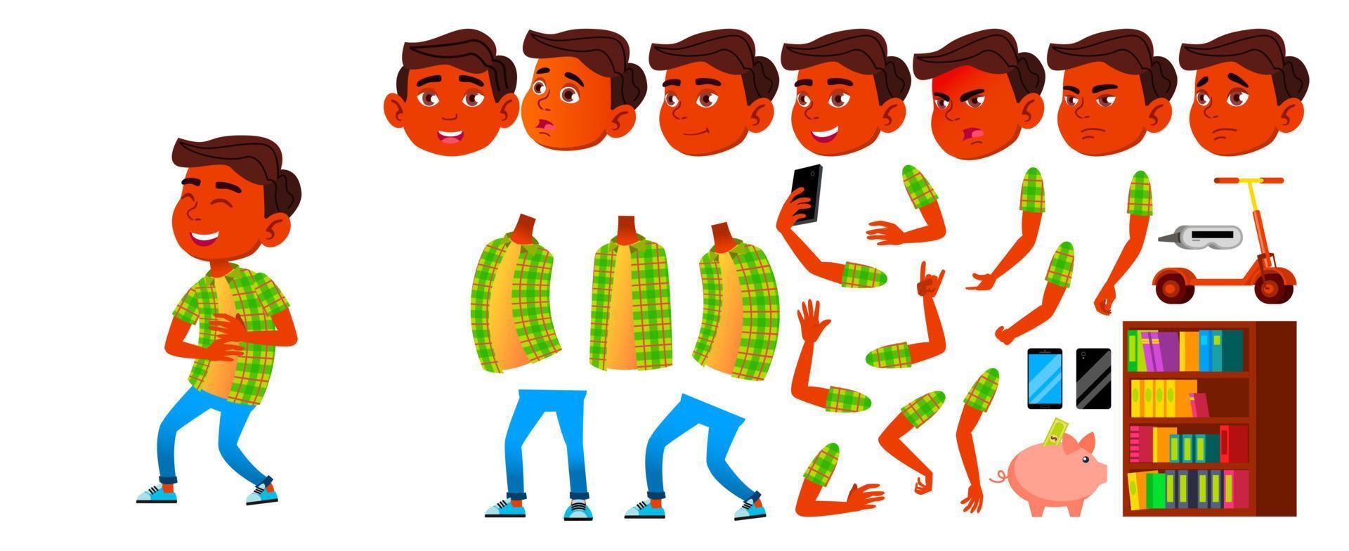 Boy Schoolboy Kid Vector. Primary School Child. Animation Creation Set. Cute Child. Indian, Hindu. Asian. For Advertisement, Greeting, Announcement Design. Face Emotions, Gestures. Illustration vector