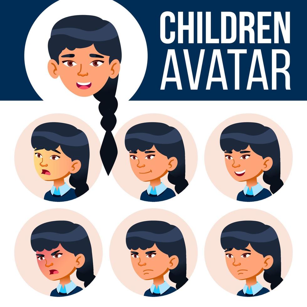 Asian Girl Avatar Set Kid Vector. Primary School. Face Emotions. User, Character. Kids, Positive. Comic, Web. Cartoon Head Illustration vector