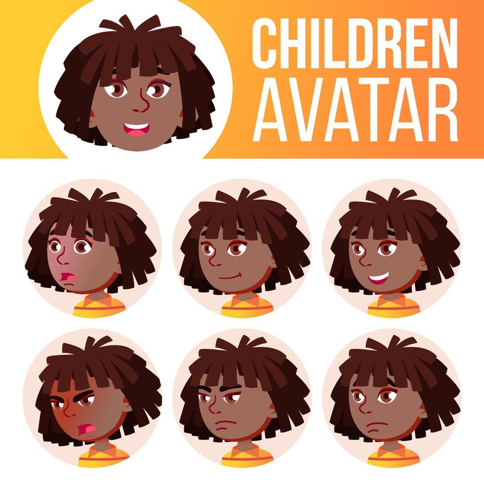 Girl Avatar Set Kid Vector. Black. Afro American. Primary School. Face Emotions. Children. Beauty, Lifestyle. Postcard, Announcement. Cartoon Head Illustration vector