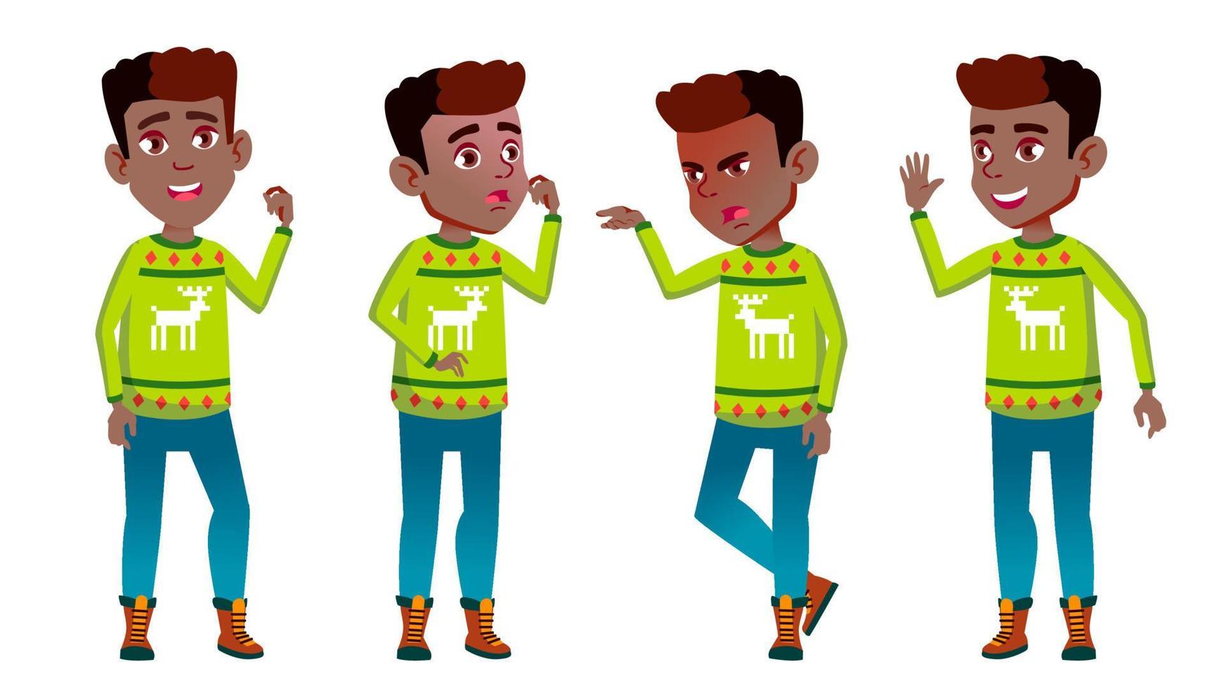 Christmas Boy Schoolboy Kid Poses Set Vector. Primary School Child. Cheerful Pupil. Emotional. For Banner, Flyer, Web Design. Isolated Cartoon Illustration vector