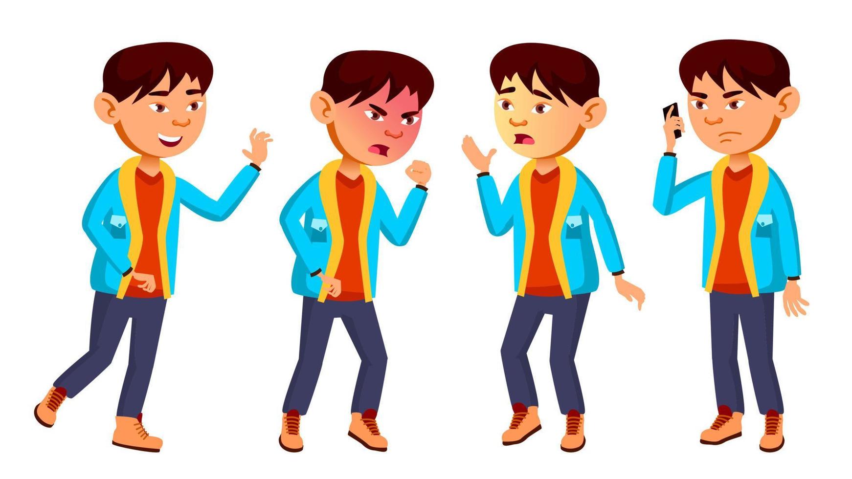 Asian Boy Schoolboy Kid Poses Set Vector. Primary School Child. Friendship. For Web, Brochure, Poster Design. Isolated Cartoon Illustration vector