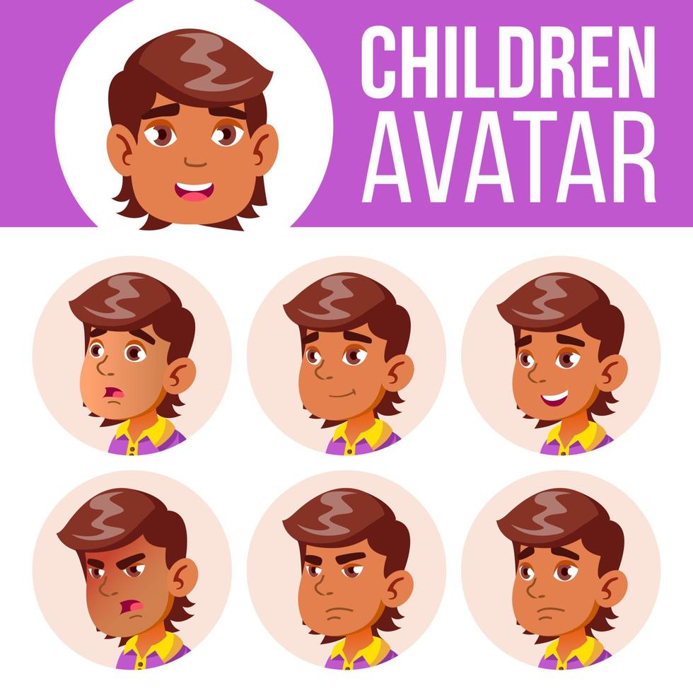 Arab, Muslim Avatar Set Kid Vector. Primary School. Face Emotions. User, Character. Kids, Positive. Comic, Web. Cartoon Head Illustration vector