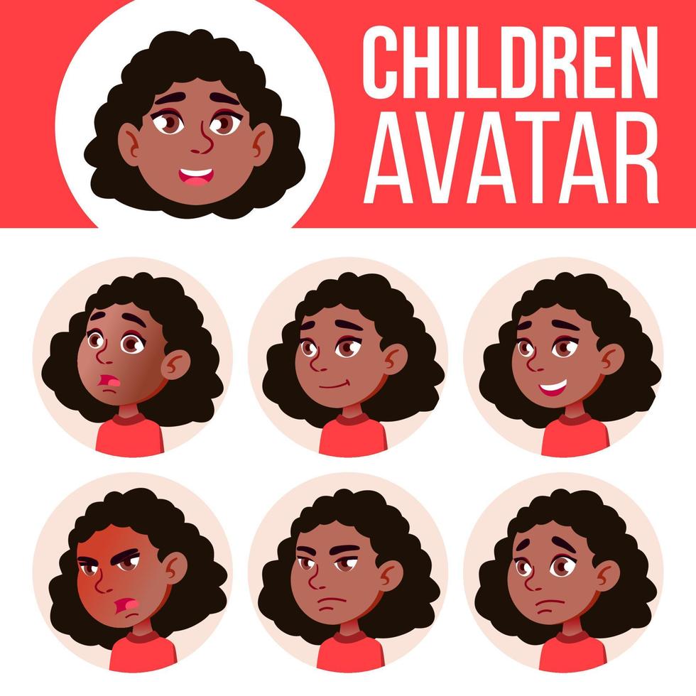 niña avatar conjunto niño vector. negro. afroamericano. escuela primaria. enfrentar las emociones. plano, retrato. joven, caucásico. diseño colorido ilustración de cabeza de dibujos animados vector