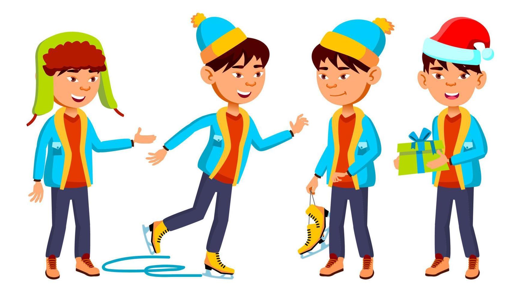 Asian Boy Schoolboy Set Vector. Primary School Child. Cute Child. Happiness Enjoyment. Chrastmas, New Year. For Presentation, Print, Invitation Design. Isolated Cartoon Illustration vector