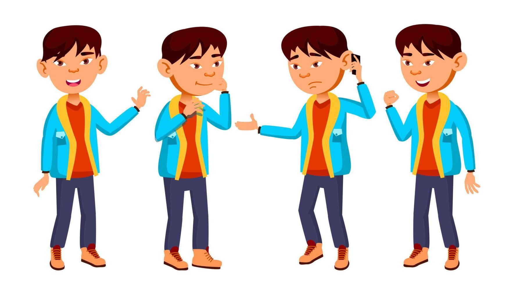 Asian Boy Schoolboy Kid Poses Set Vector. Primary School Child. Funny Children. Junior. Lifestyle, Friendly. For Advertising, Booklet, Placard Design. Isolated Cartoon Illustration vector