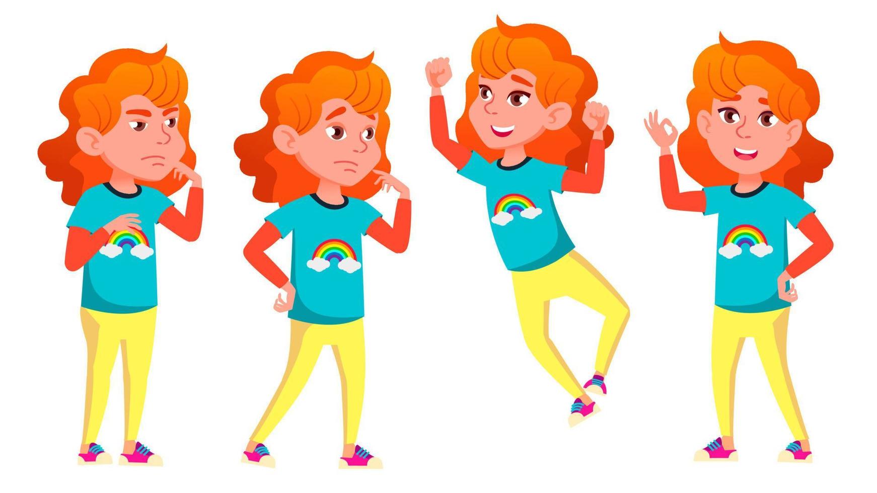 Girl Poses Set Vector. High School Child. For Advertising, Booklet, Placard Design. Isolated Cartoon Illustration vector
