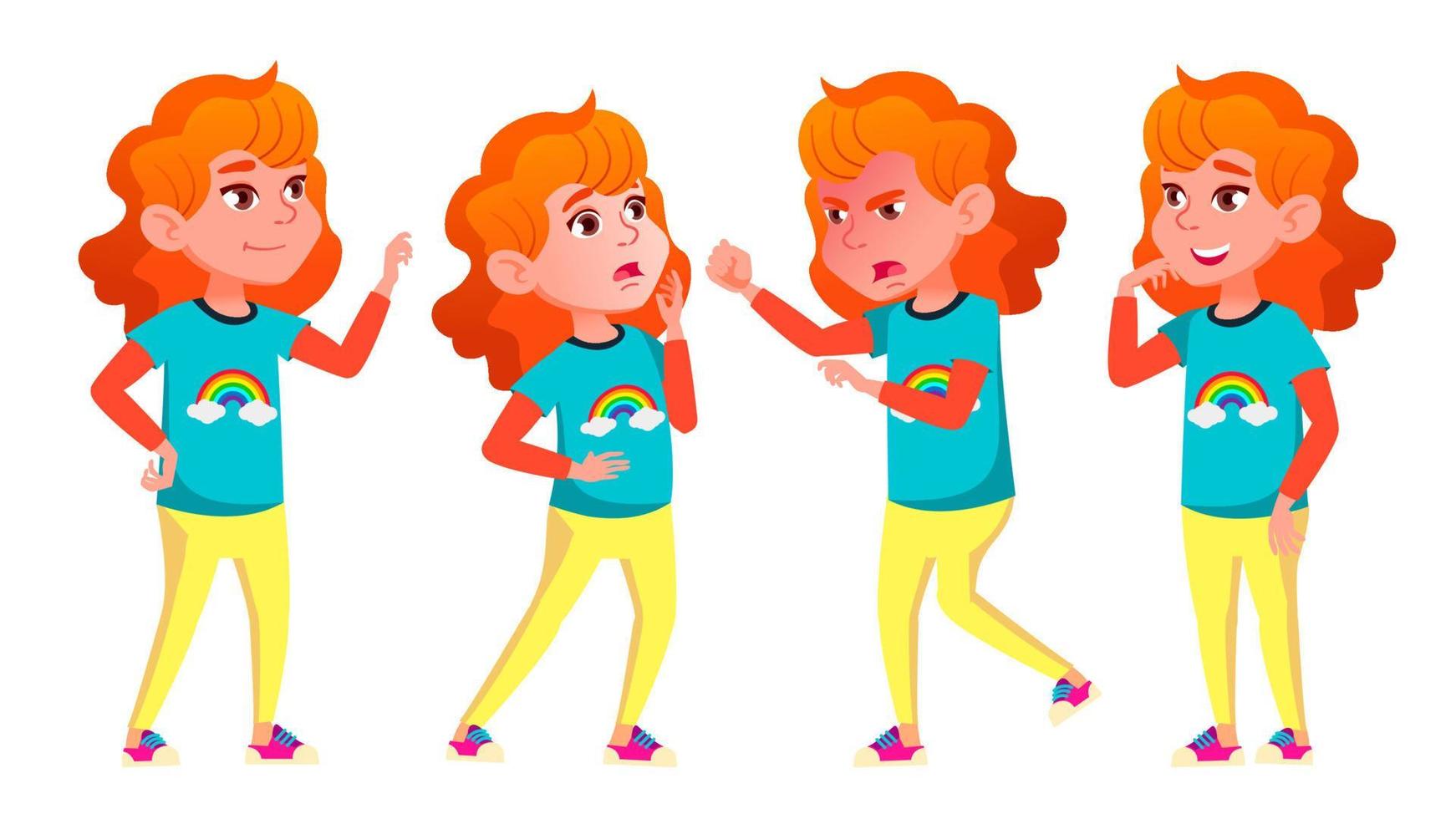 Girl Poses Set Vector. High School Child. Schoolchildren, Teen. For Web, Poster, Booklet Design. Isolated Cartoon Illustration vector