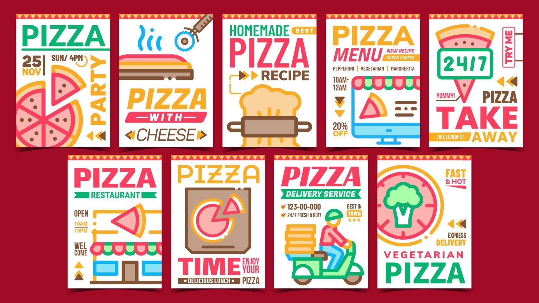 vector de conjunto de carteles de promoción creativa de comida de pizza