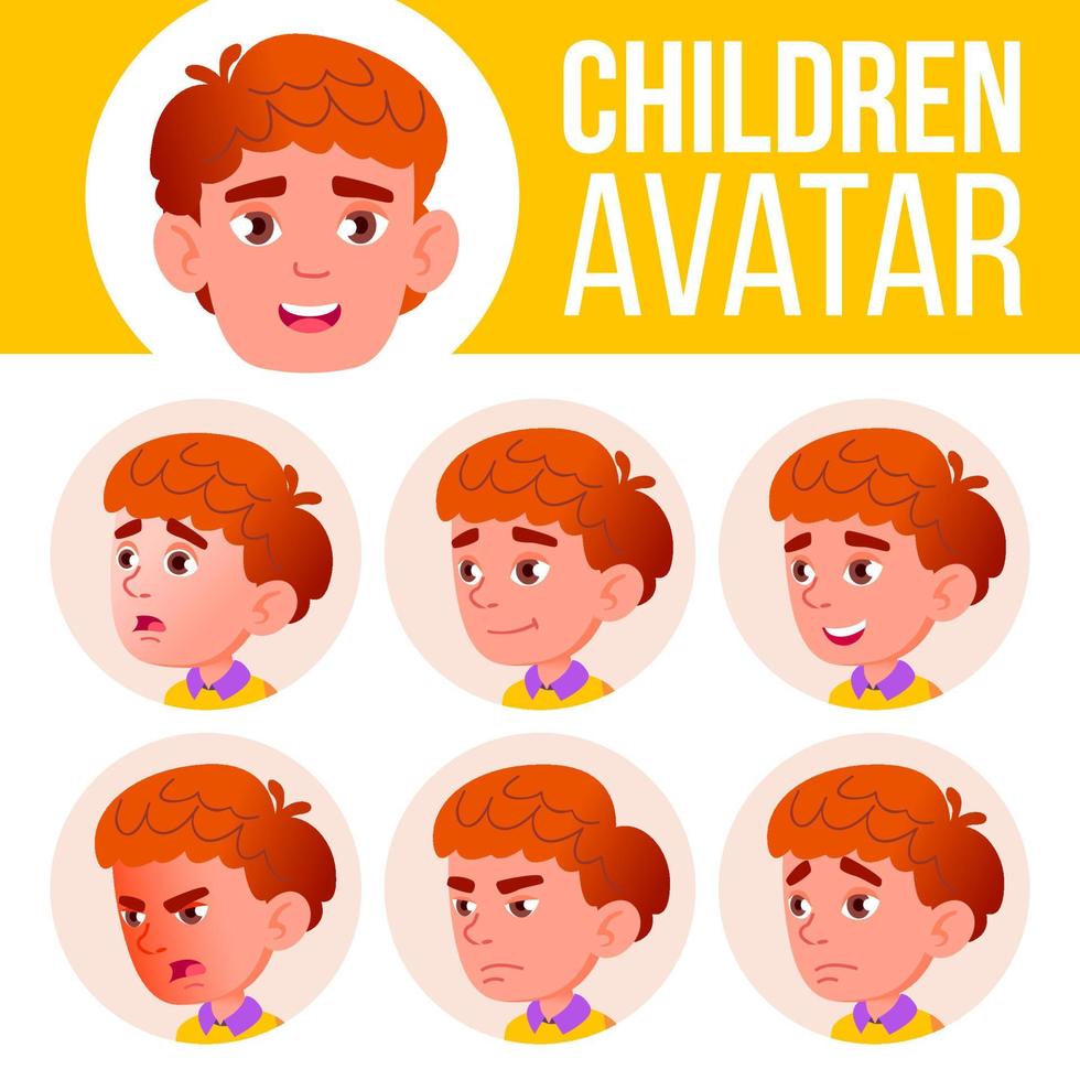 Boy Avatar Set Kid Vector. Primary School. Face Emotions. Red Head, Icon. Small, Junior. Casual, Friend. Cartoon Head Illustration vector