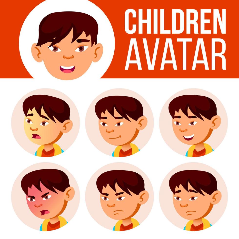 avatar de niño asiático establece vector de niño. escuela primaria. enfrentar las emociones. estudiante. niño, nacimiento. anuncio, saludo. ilustración de cabeza de dibujos animados