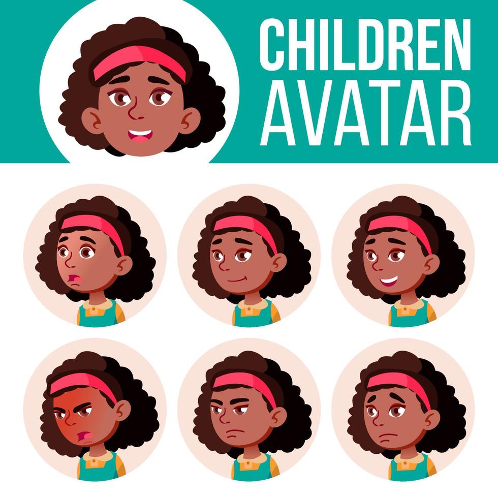 Girl Avatar Set Kid Vector. Black. Afro American. Primary School. Face Emotions. Kid, Child. Beautiful, Funny. Leaflet, Booklet. Cartoon Head Illustration vector