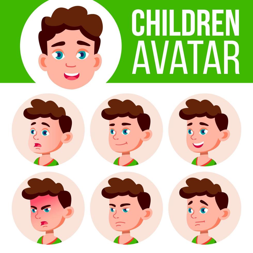 Boy Avatar Set Kid Vector. Primary School. Face Emotions. Flat, Portrait. Youth, Caucasian. Colorful Design. Cartoon Head Illustration vector