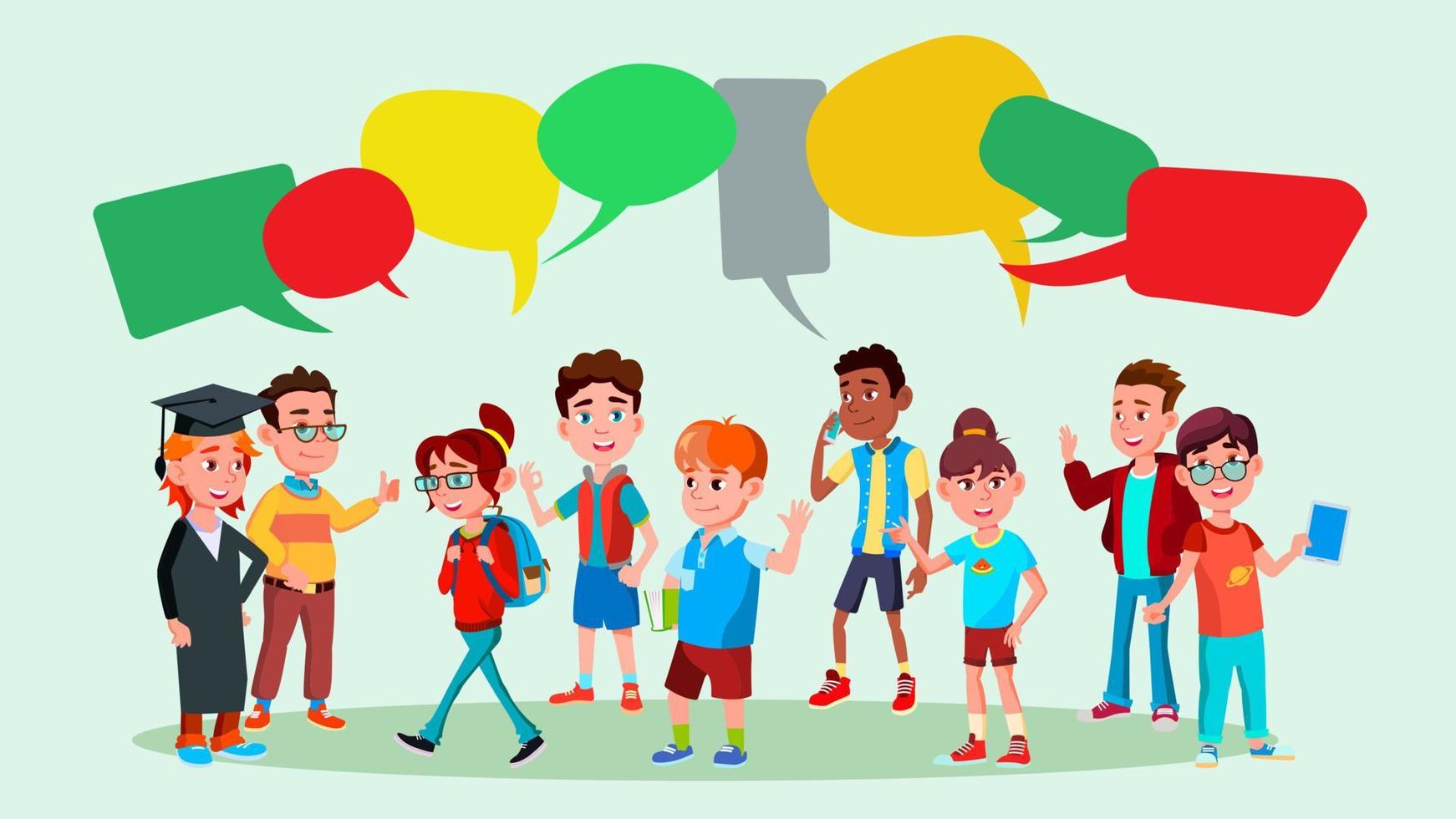 Group Of Pupils Vector. School. Discussing. Brainstorming. Talking Communication. Mix Race. Chat Bubbles. Flat Cartoon Illustration vector