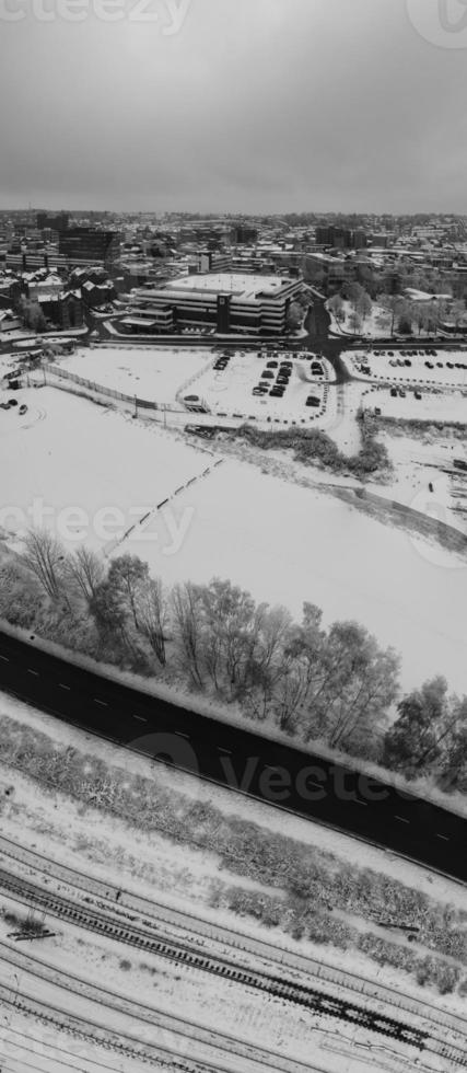 High Angle View of City in Classic Black and White after Snow Fall photo