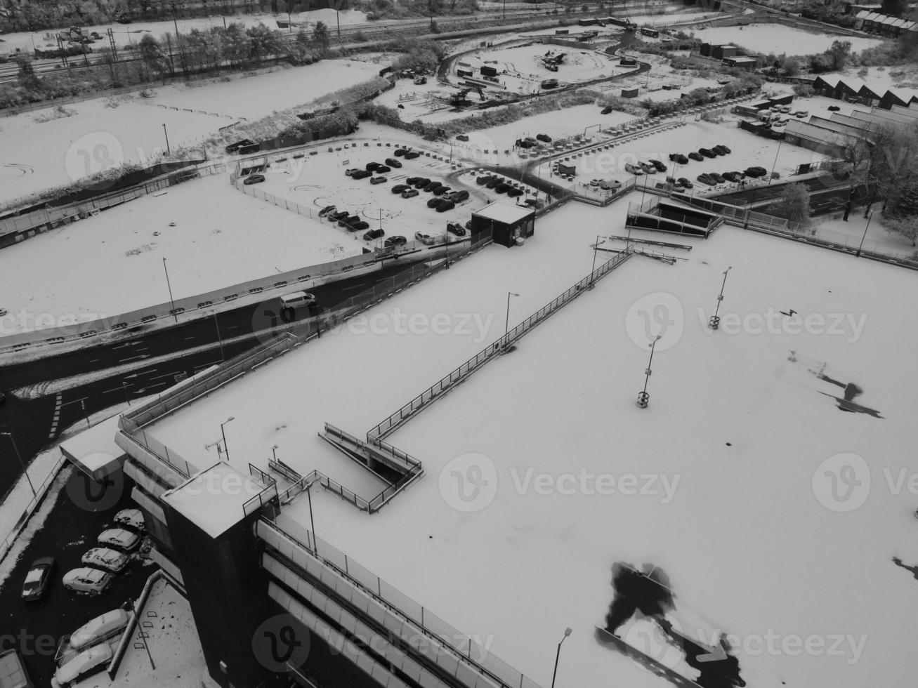 High Angle View of City in Classic Black and White after Snow Fall photo