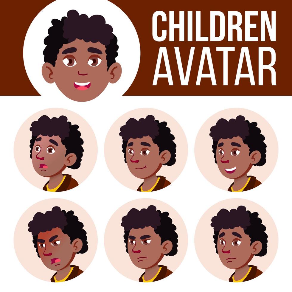 Boy Avatar Set Kid Vector. Black. Afro American. Face Emotions. Expression, Positive Person. Beauty, Lifestyle. Cartoon Head Illustration vector