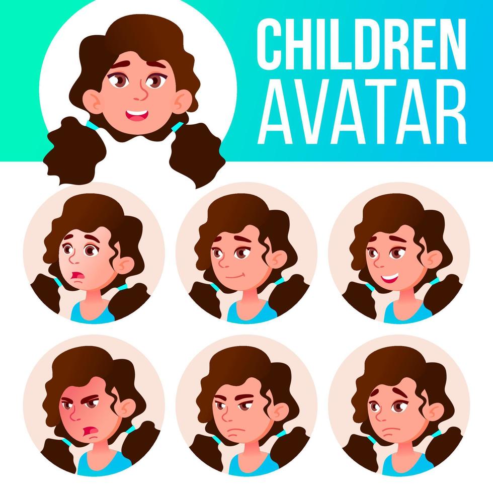 niña avatar conjunto niño vector. escuela primaria. enfrentar las emociones. facial, gente. ánimo, guapa. tarjeta, anuncio. ilustración de cabeza de dibujos animados vector