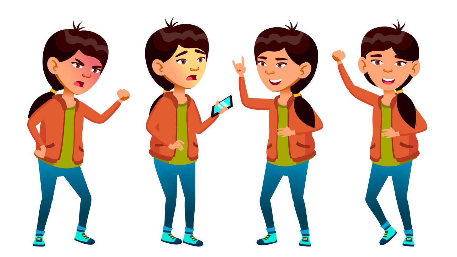 Asian Girl Poses Set Vector. High School Child. Life, Emotional, Pose. For Web, Brochure, Poster Design. Isolated Cartoon Illustration vector
