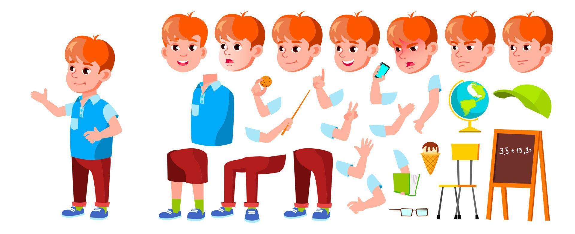 Boy Schoolboy Kid Vector. Primary School Child. Animation Creation Set. Cheerful Pupil. Friends. Emotional. For Presentation, Print, Invitation Design. Face Emotions. Animated. Cartoon Illustration vector