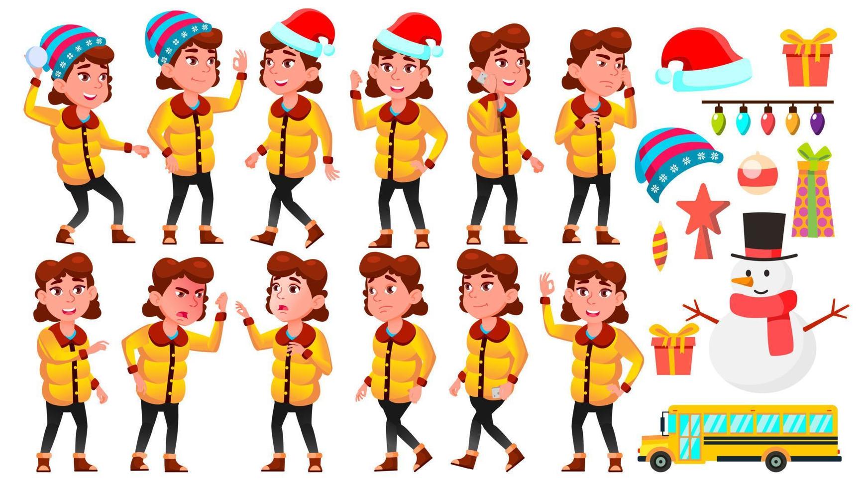Christmas Girl Set Vector. Winter Holidays. School Child. School Student. For Banner, Flyer, Web Design. Isolated Cartoon Illustration vector