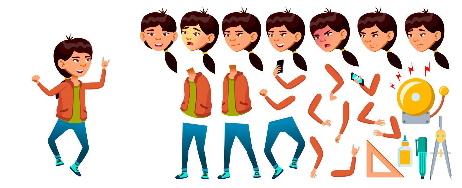 Asian Girl Vector. High School Child. Animation Creation Set. Face Emotions, Gestures. study. Knowledge, Learn, Lesson. For Web, Poster, Booklet Design. Animated. Isolated Cartoon Illustration vector