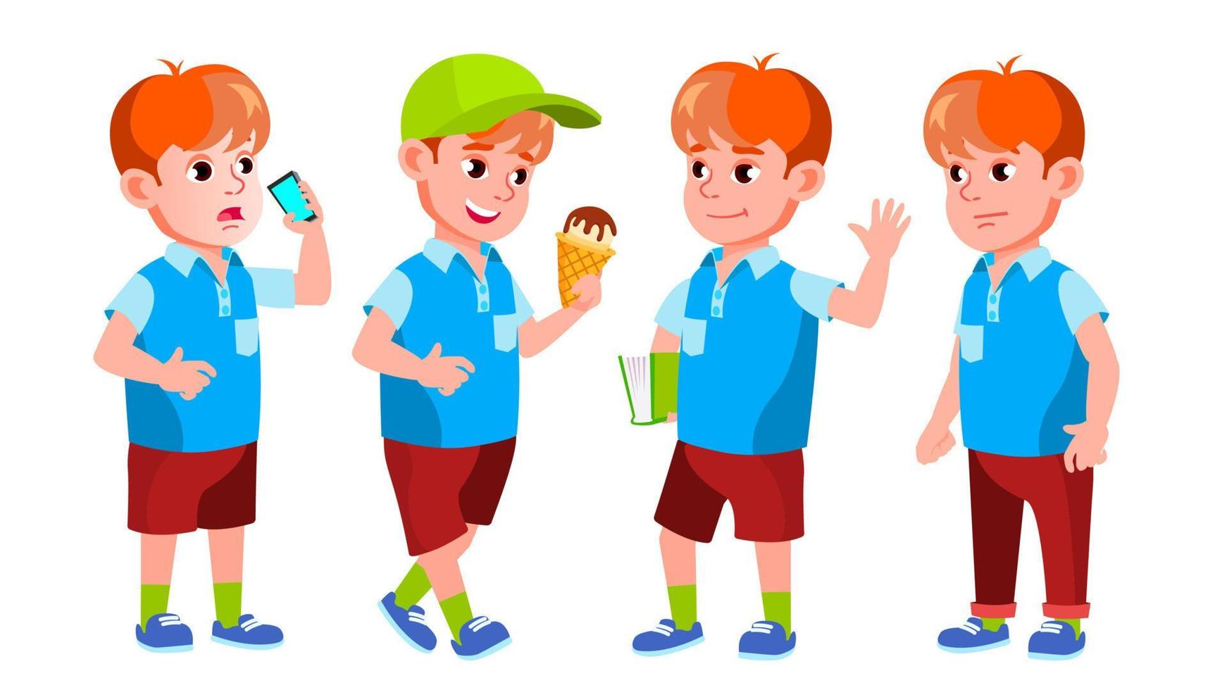 Boy Schoolboy Kid Poses Set Vector. Primary School Child. Auditorium. Friendship. Pose, Beauty. For Web, Brochure, Poster Design. Isolated Cartoon Illustration vector