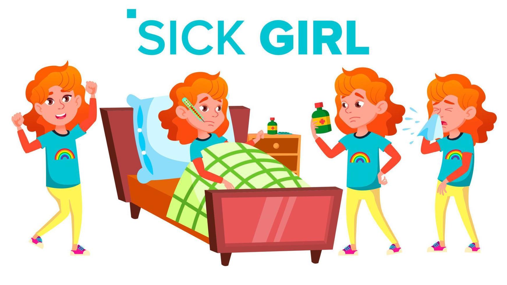 Sick Girl Schoolgirl Vector. Ill Child. Teenage. For Web, Brochure, Poster Design. Isolated Cartoon Illustration vector
