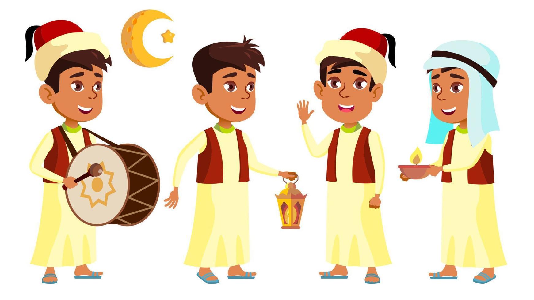 Arab, Muslim Boy Schoolboy Kid Set Vector. Child Celebrating Ramadan Kareem. Active Cute Child. Blackboard, Graduation. For Web, Brochure, Poster Design. Isolated Cartoon Illustration vector