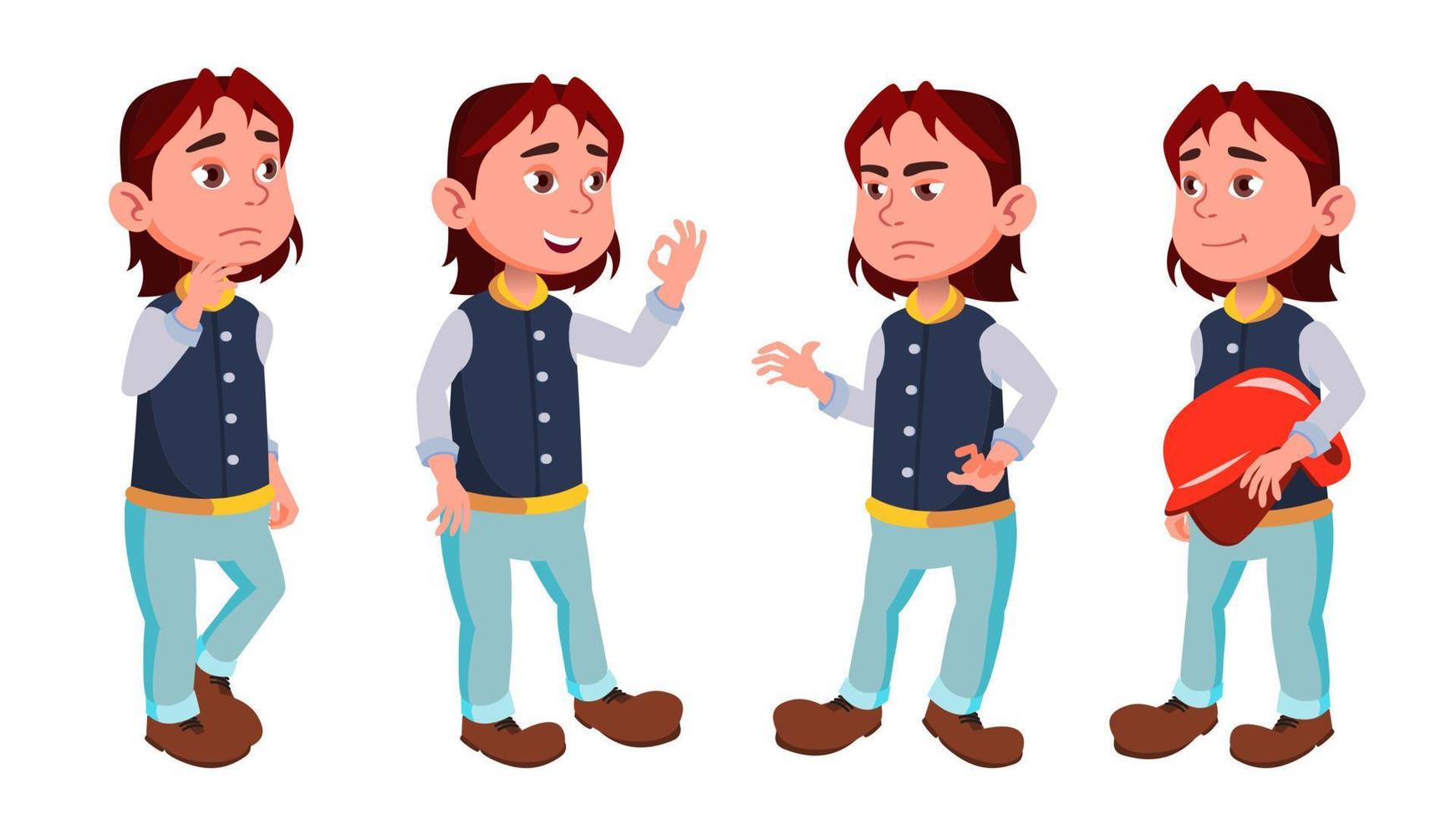 niño colegial niño plantea establecer vector. niño de escuela primaria. educación. sujeto. escolares, adolescentes. para presentación, impresión, diseño de invitación. ilustración de dibujos animados aislados vector