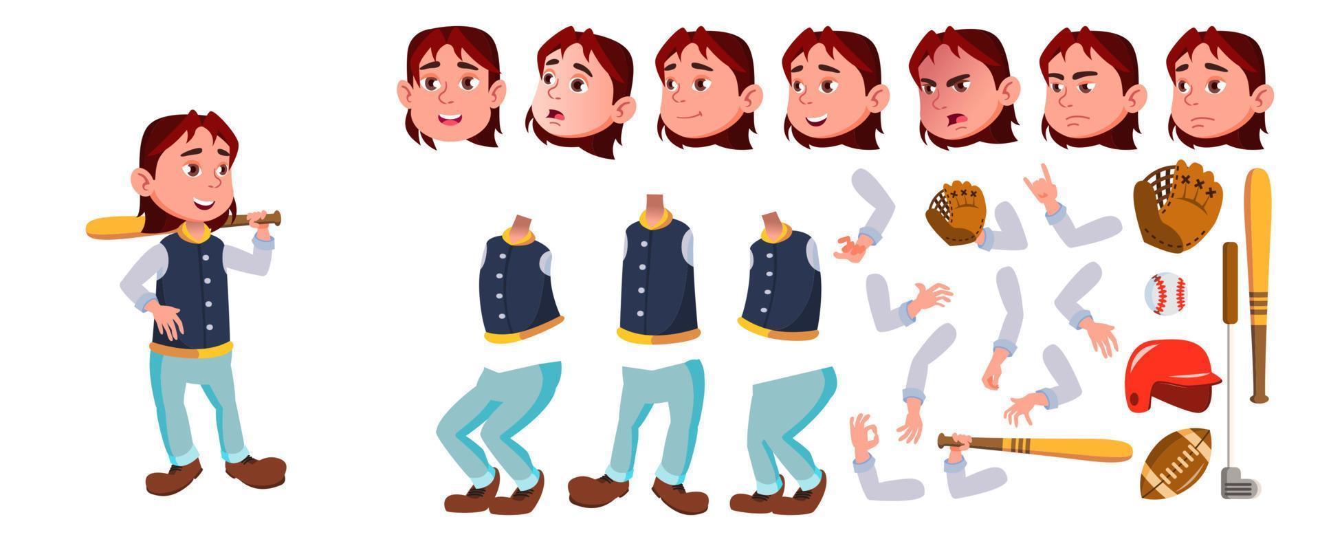 Baseball Boy Schoolboy Kid Vector. Sport School Child. Animation Creation Set. For Advertisement, Greeting, Announcement Design. Face Emotions, Gestures. Animated. Isolated Cartoon Illustration vector