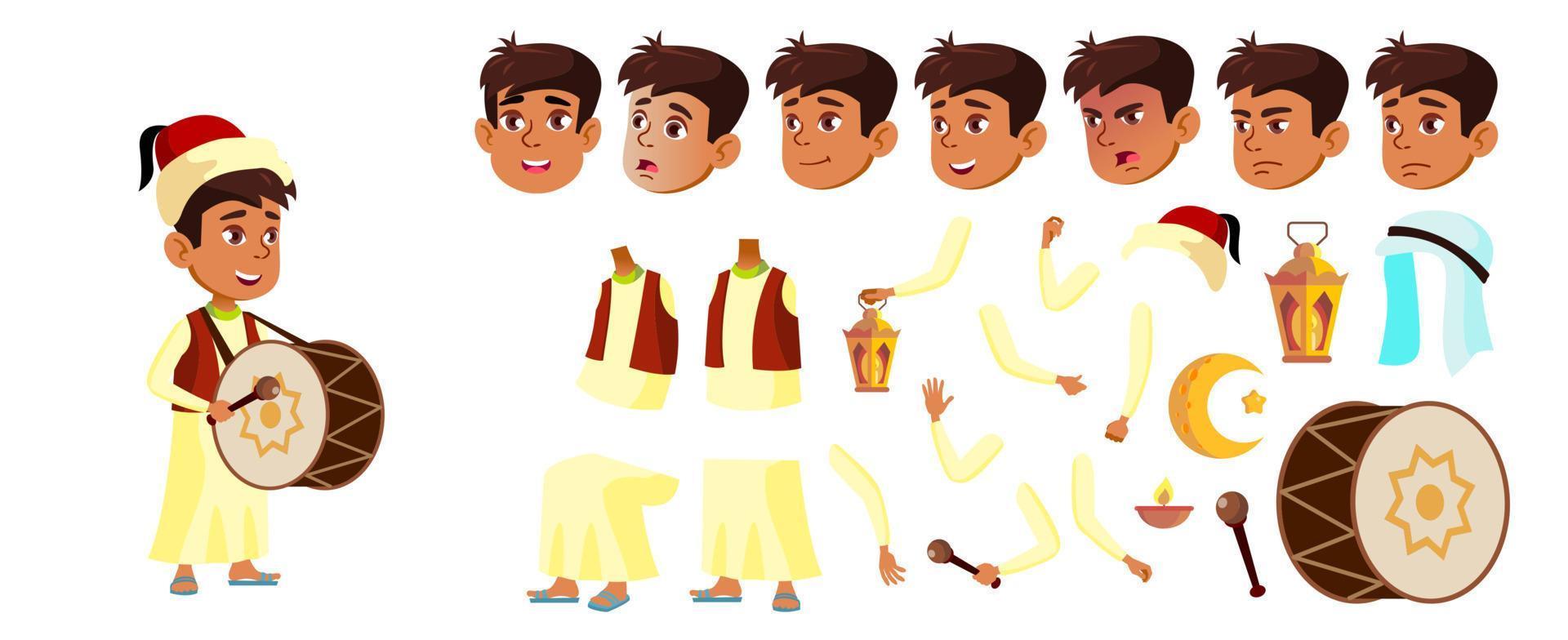 Arab, Muslim Boy Schoolboy Kid Vector. Celebrating Ramadan Kareem. Animation Creation Set. Young. For Postcard, Cover, Placard Design. Face Emotions, Gestures. Animated. Isolated Cartoon Illustration vector