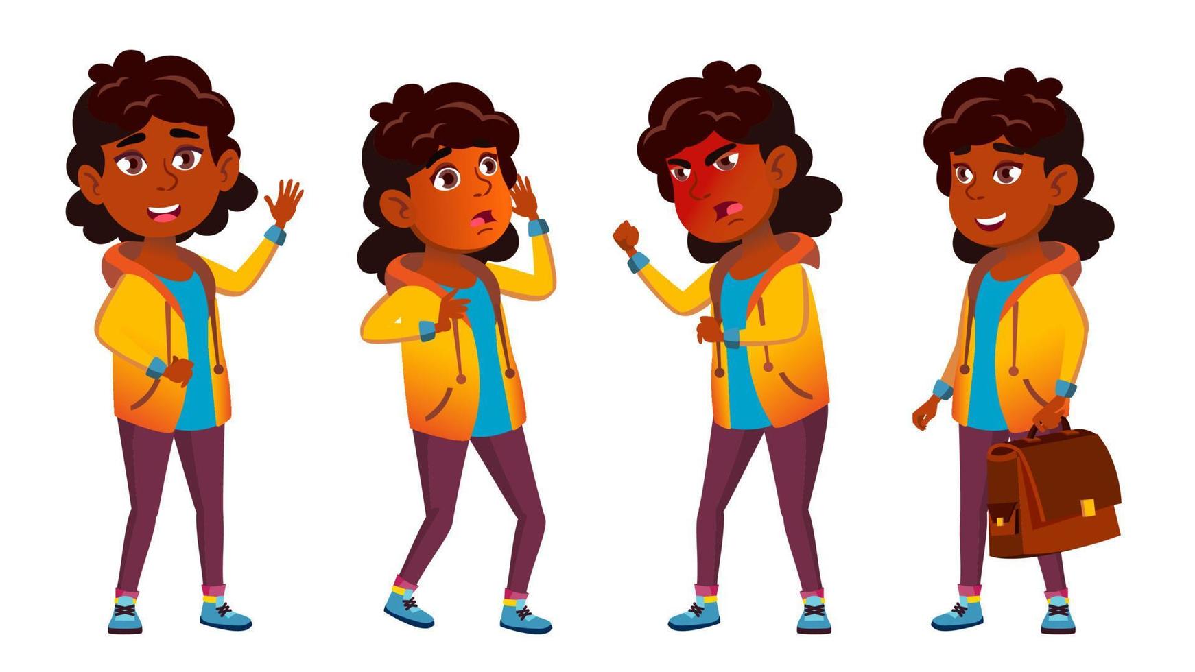 Indian Girl Kid Poses Set Vector. Hindu. Asian. Primary School Child. Caucasian, Kids, Positive. For Postcard, Cover, Placard Design. Isolated Cartoon Illustration vector