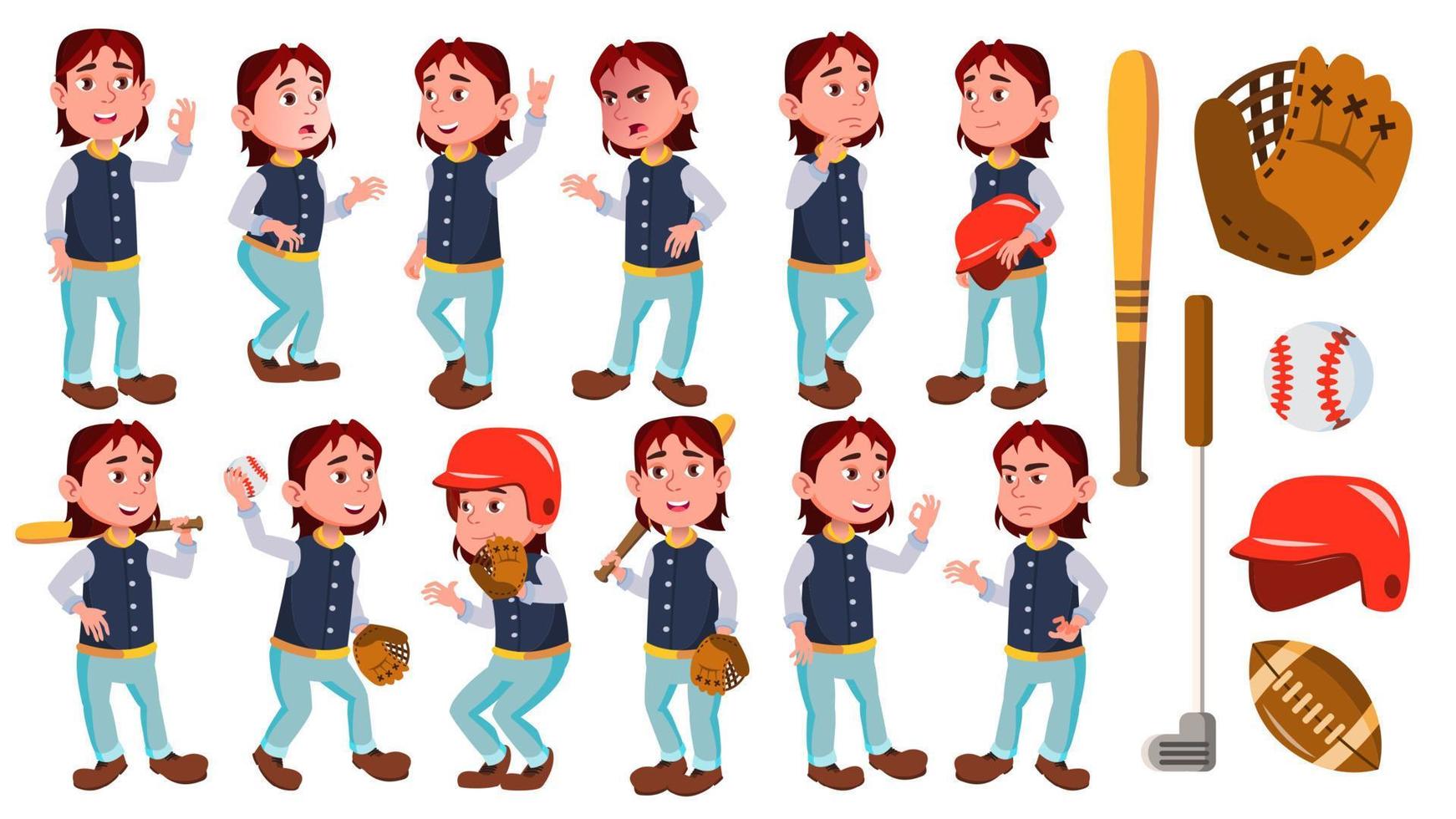 Boy Schoolboy Kid Poses Set Vector. Primary School Child. Baseball Sport Player. Smile. For Advertisement, Greeting, Announcement Design. Isolated Cartoon Illustration vector