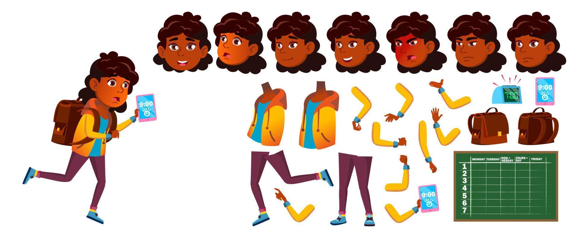 Indian Girl School Kid Vector. Primary School Child. Animation Creation Set. Face Emotions, Gestures. Student. Hindu. Asian. Placard Design. Animated. Isolated Cartoon Illustration vector