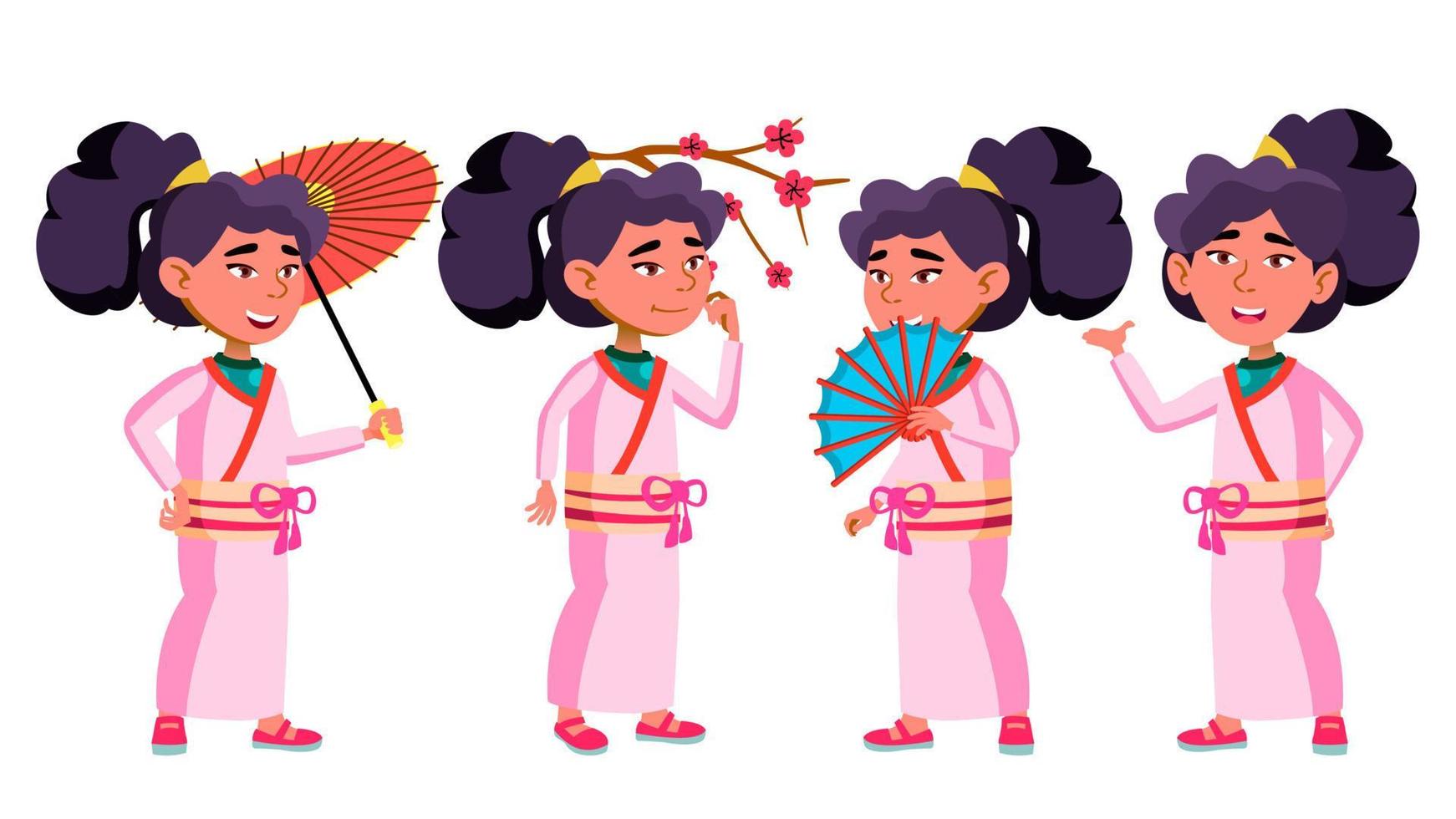 niña asiática niño plantea establecer vector. kimono, sakura, paraguas. belleza. joven, alegre. para postal, portada, diseño de carteles. ilustración de dibujos animados aislados vector