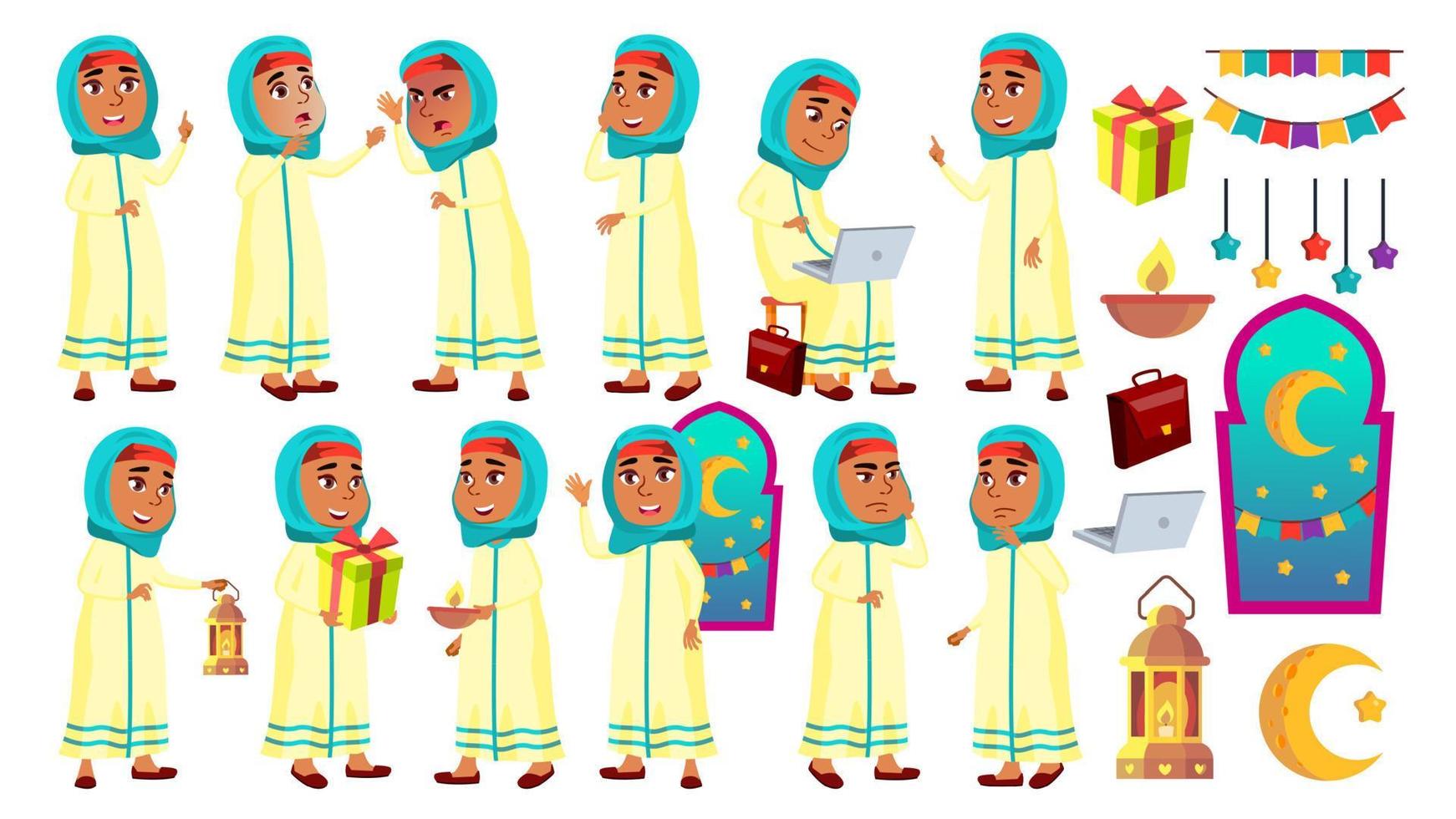 Arab, Muslim Girl Kid Poses Set Vector. Primary School Child. Celebrating Ramadan Kareem. Education. For Card, Advertisement, Greeting Design. Isolated Cartoon Illustration vector