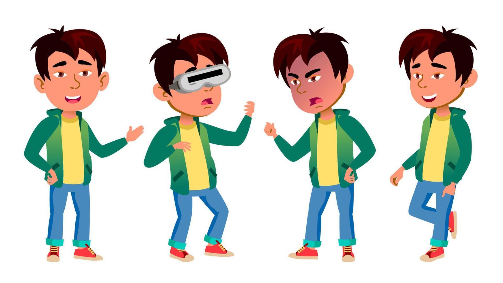 Asian Boy Set Vector. Primary School Child. For Postcard, Cover, Placard Design. Isolated Cartoon Illustration vector