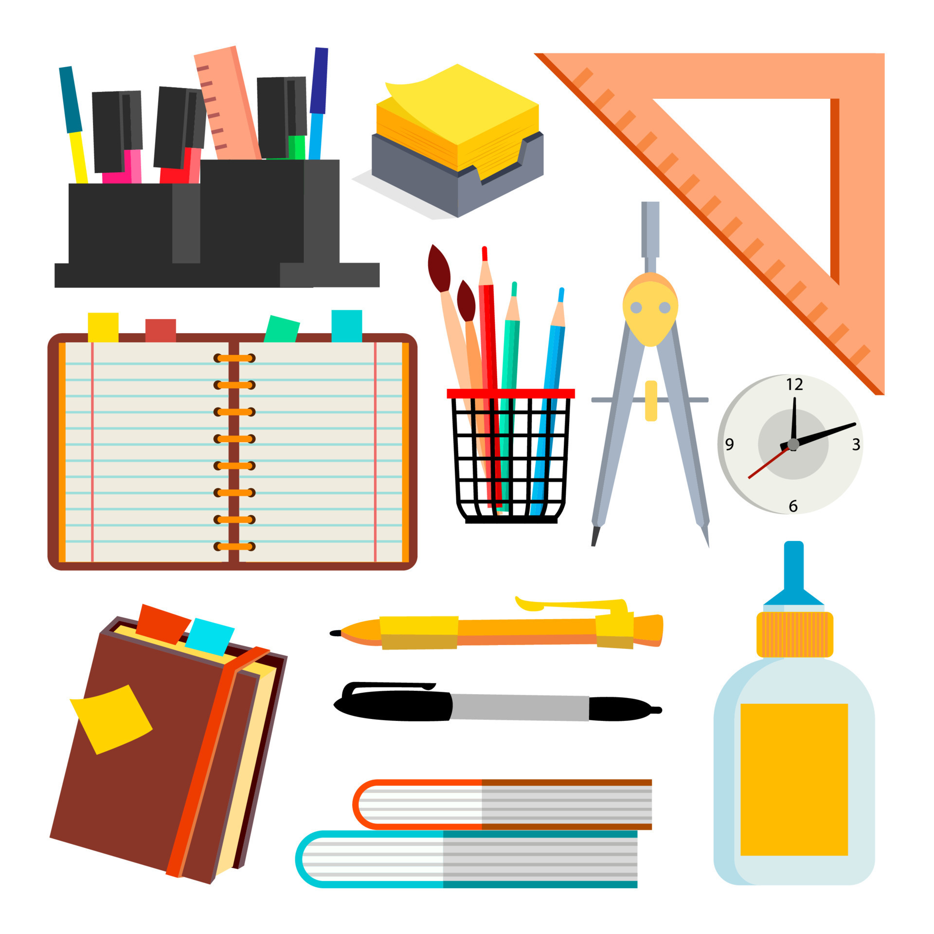 Stationery Icons Vector. Pen, Pencil, Notebook, Ruler. Isolated Flat ...