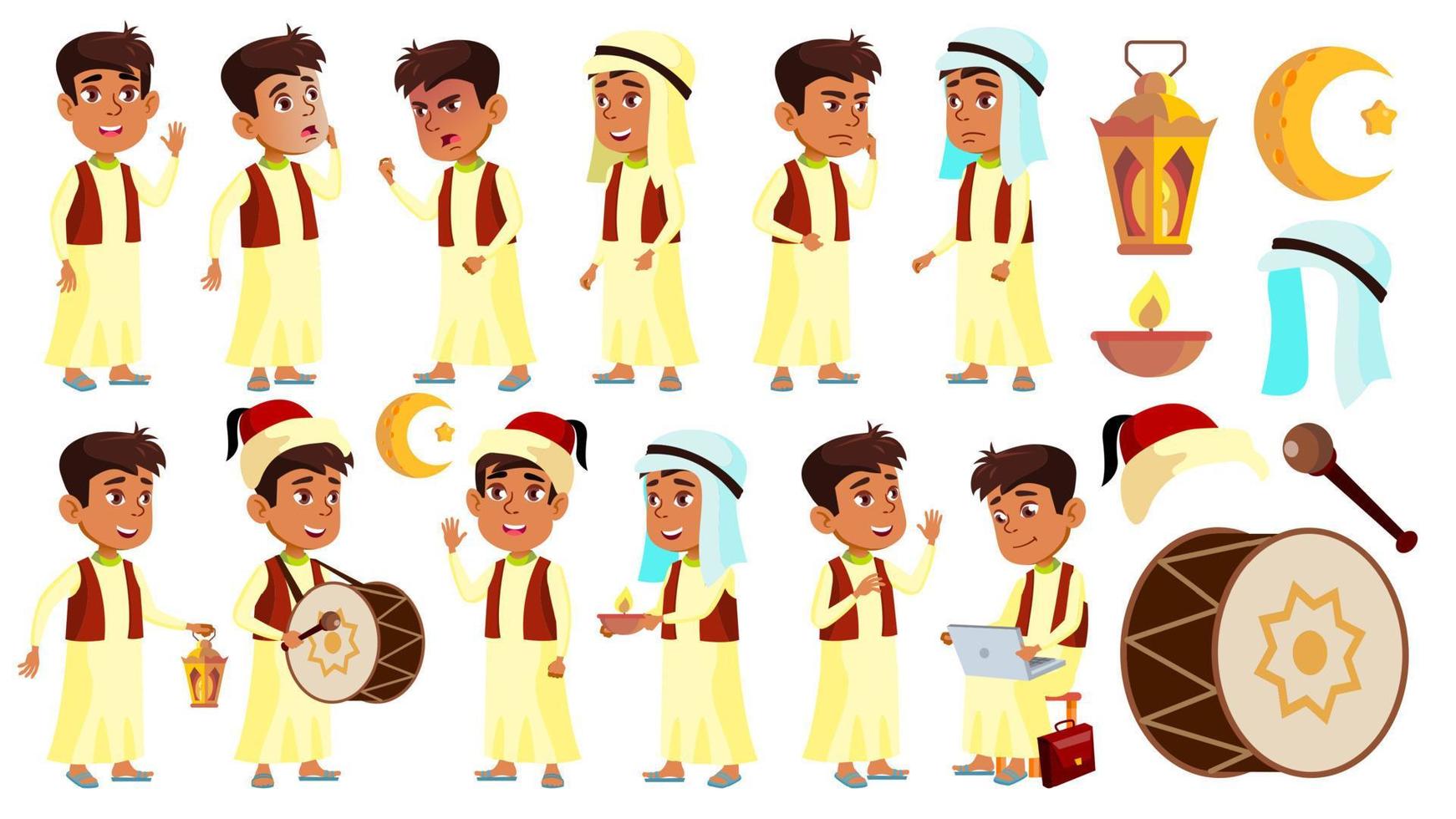 árabe, niño musulmán colegial poses set vector. niño de la escuela celebrando el ramadán kareem. vida, emocional. para banner, volante, diseño web. ilustración de dibujos animados aislados vector