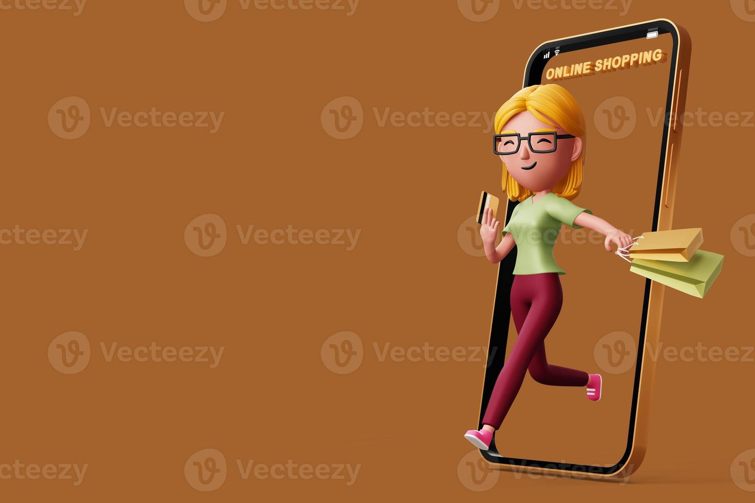 Happy women with phone, Easy online Shopping, 3d rendering photo