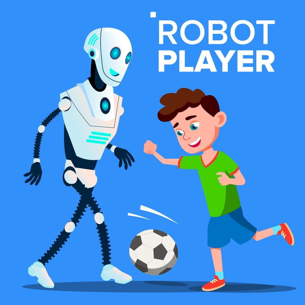 Robot Playing Football With A Child Boy Vector. Isolated Illustration vector