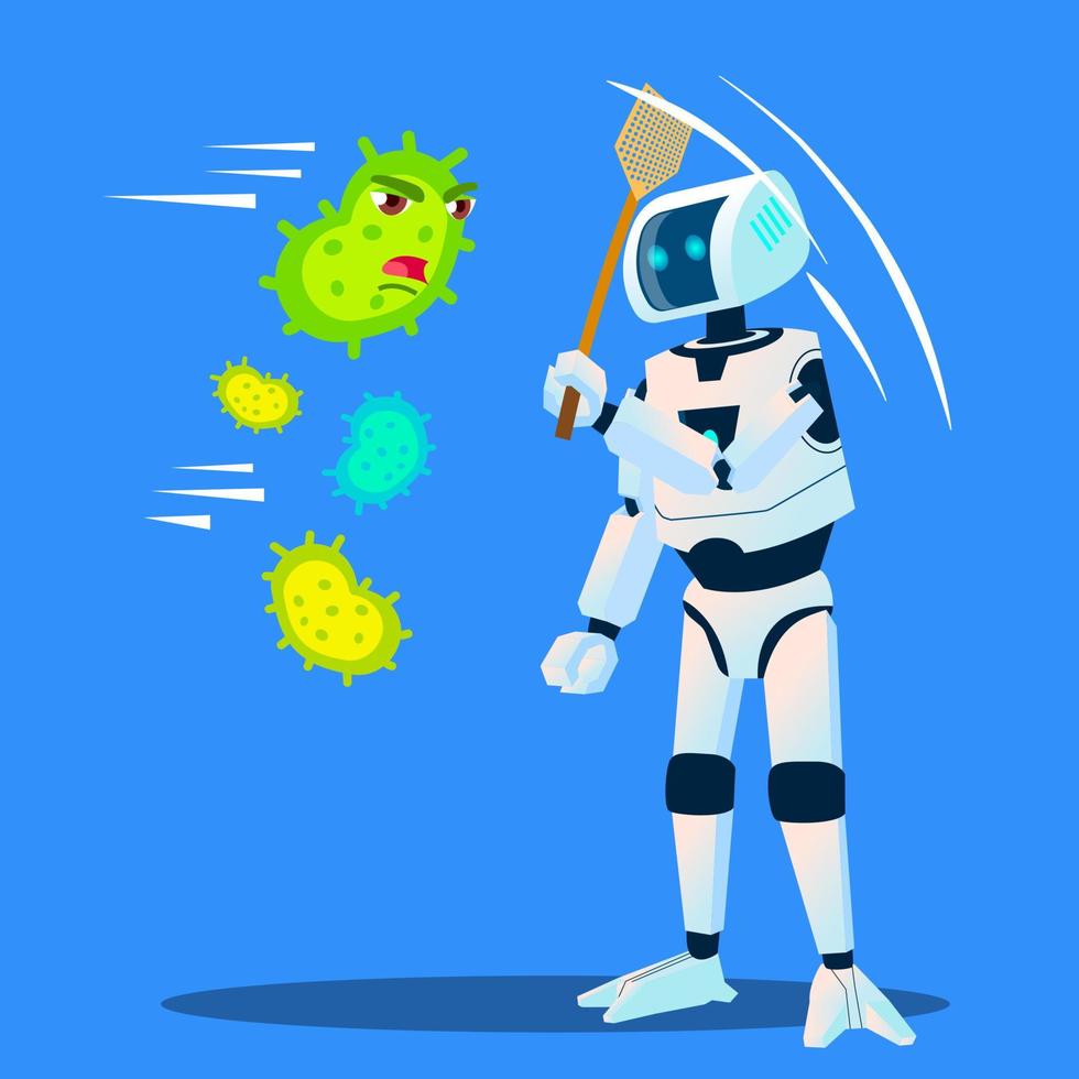 Robot Drives Away Bacteria Flying Around Vector. Isolated Illustration vector
