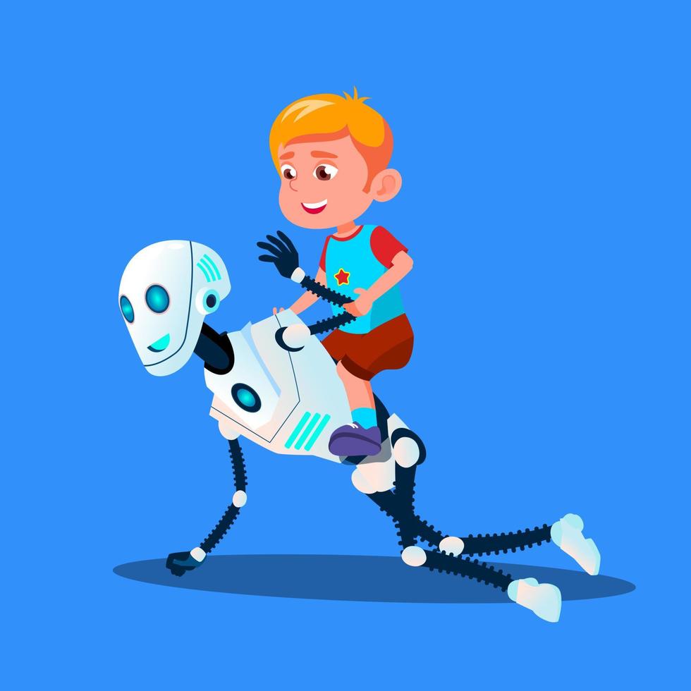 robot jugando con un niño pequeño sentado en su vector trasero. ilustración aislada