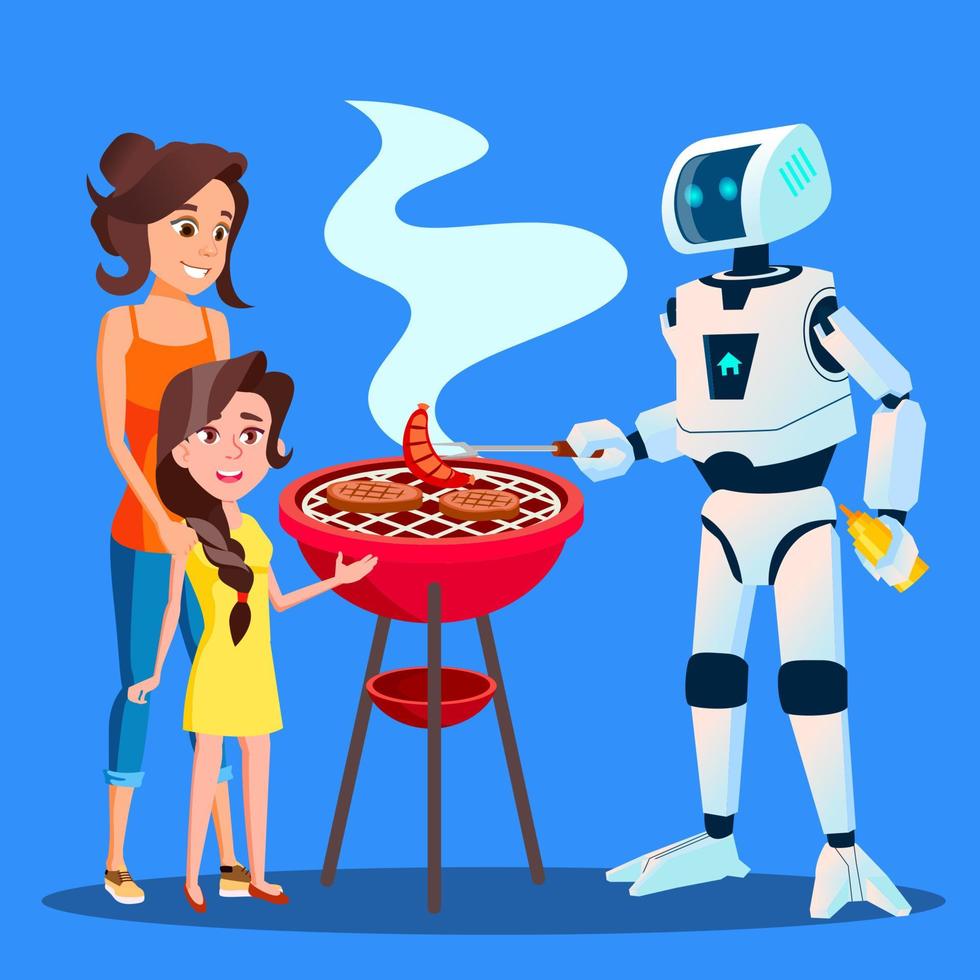 Robot Preparing A Barbecue For Family Vector. Isolated Illustration vector