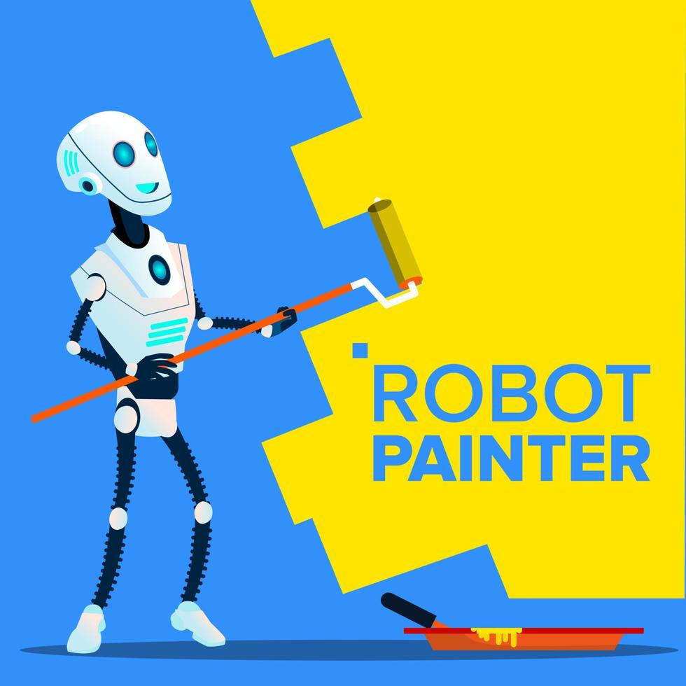 Robot Painter Paints The Wall With Roll Brush Vector. Isolated Illustration vector