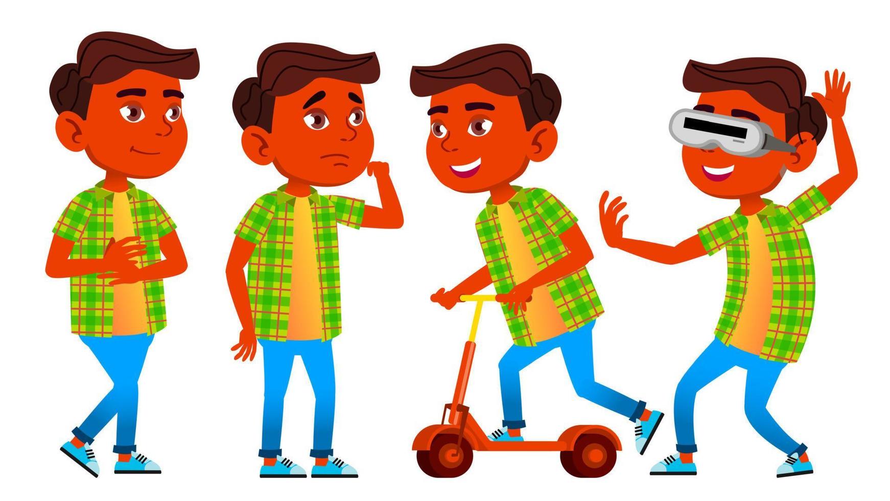 Boy Schoolboy Kid Poses Set Vector. Indian, Hindu. Asian. Primary School Child. Education. Subject. Schoolchildren, Teen. For Presentation, Print, Invitation Design. Isolated Cartoon Illustration vector