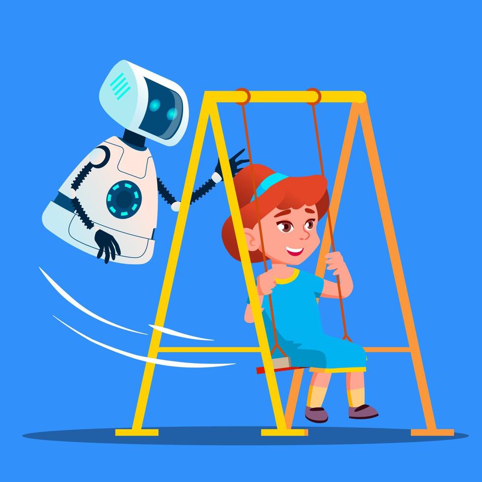 Robot Swinging Little Girl On Swing On Playground Vector. Isolated Illustration vector